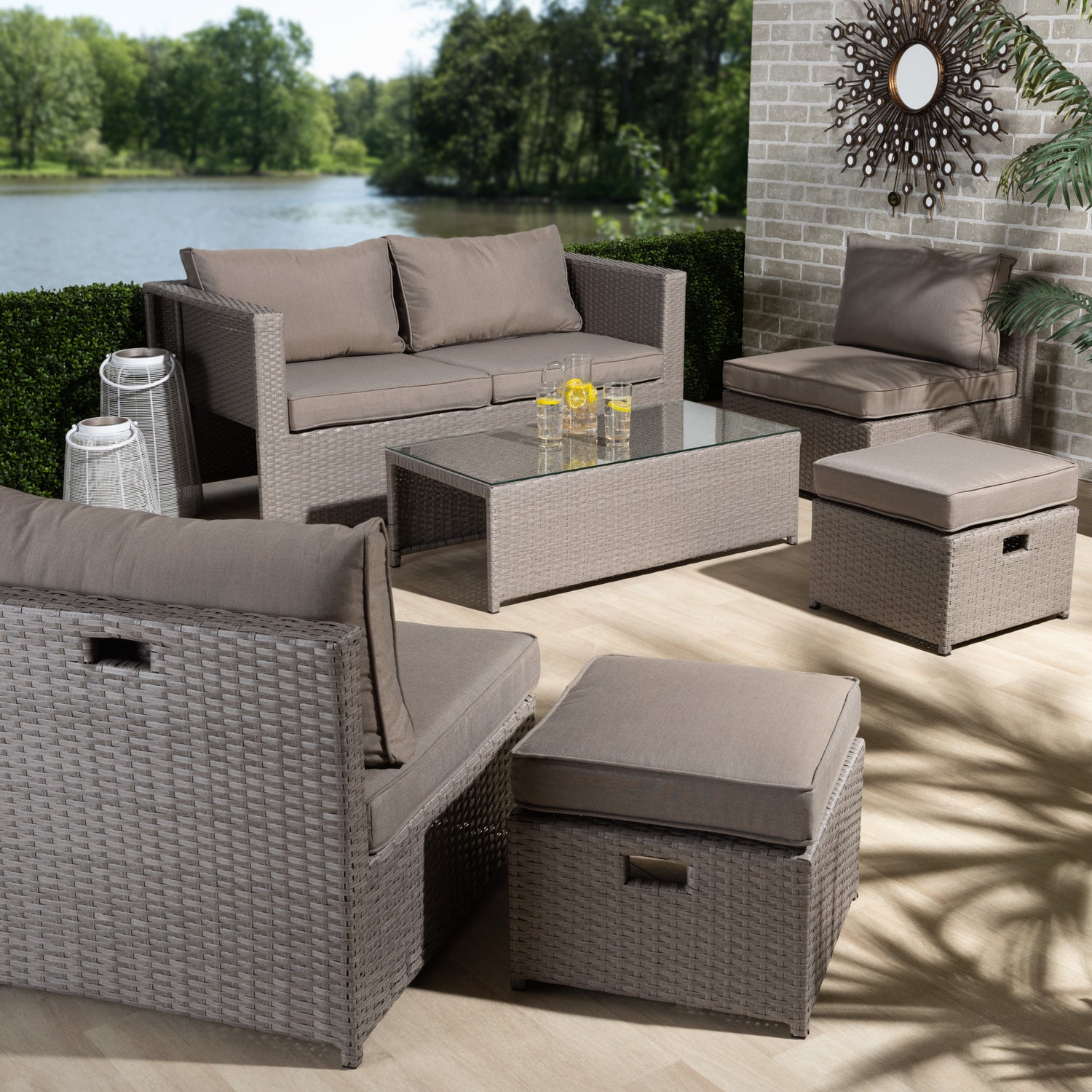 Haina 6-Piece Patio Set Modern Grey Fabric Upholstered Seating with Grey Finished Synthetic Rattan for Outdoor Living Spaces