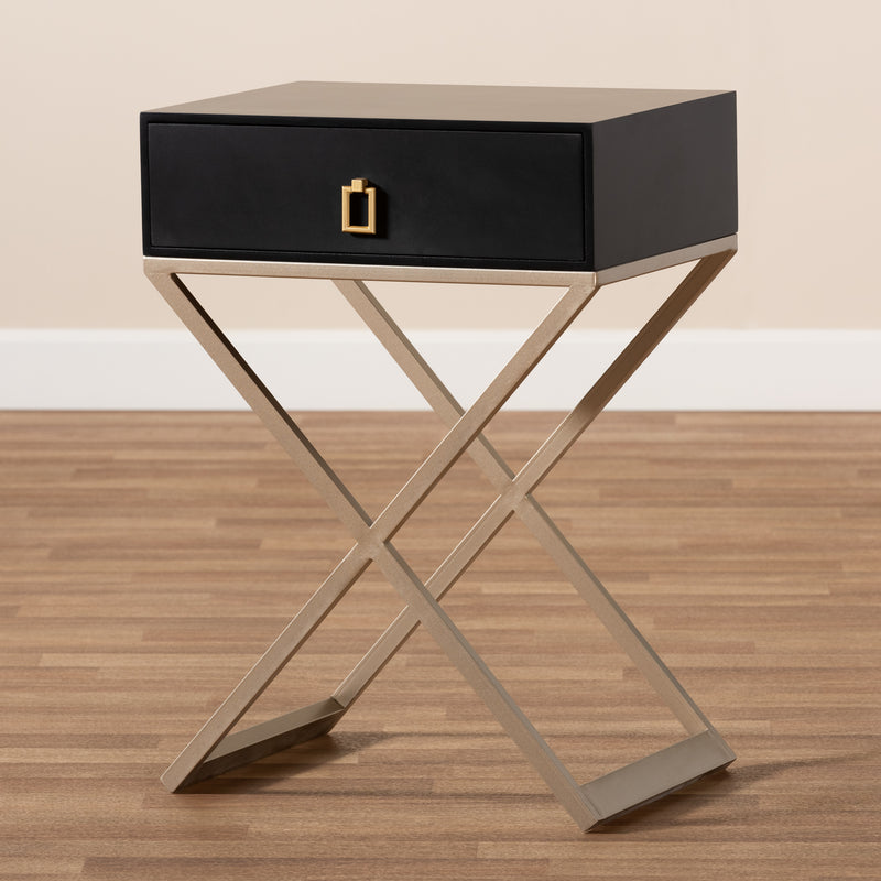 Patricia End Table Modern Contemporary Design Black Finished Wood Powder Coated Brass Effect Metal with 1 Drawer for Storage