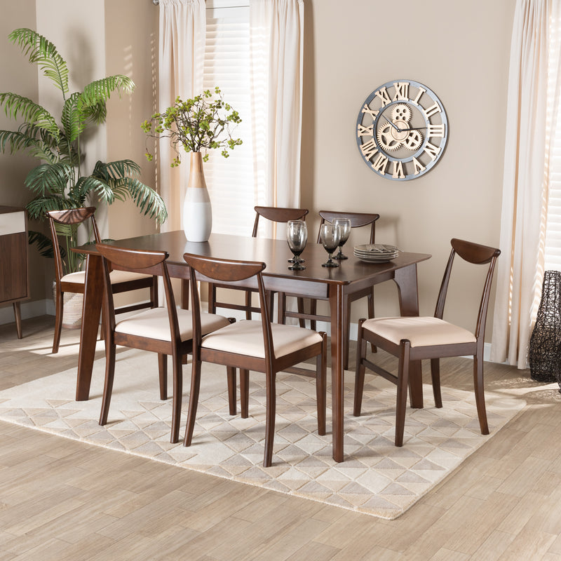 Delphina 7-Piece Dining Set Mid-Century Modern Cream Fabric Chairs with Dark Brown Wood Table Stylish Elegant Dining Room Furniture