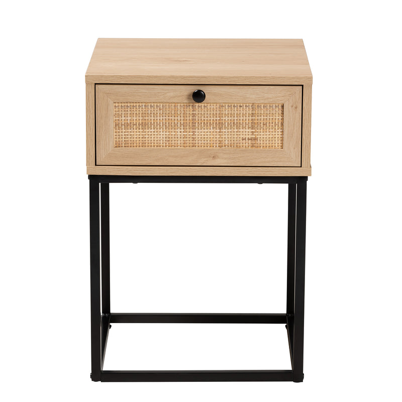 Amelia End Table Mid-Century Modern Design with Natural Brown Wood and Rattan, Featuring 1 Storage Drawer