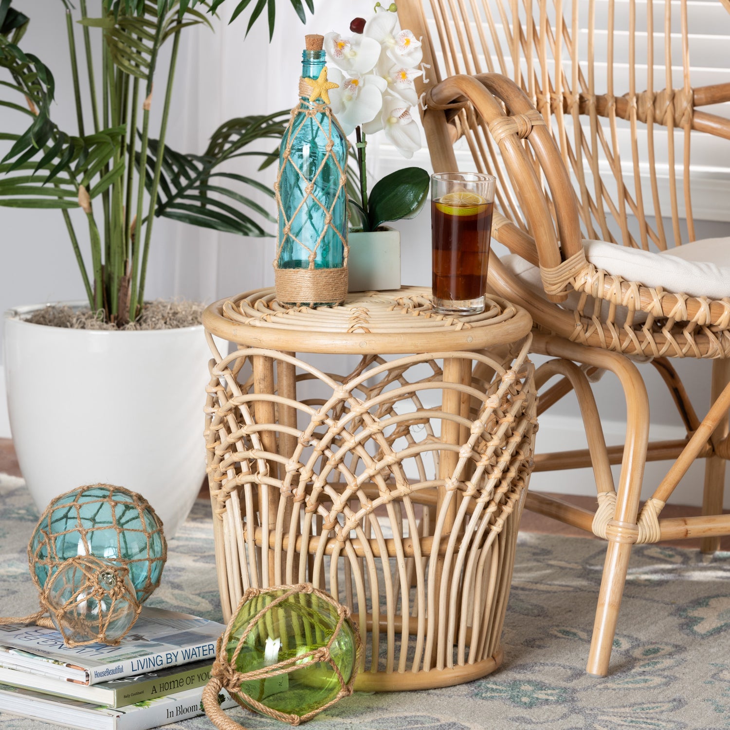 Edena Rattan End Table Modern Bohemian Design with Natural Brown Finish