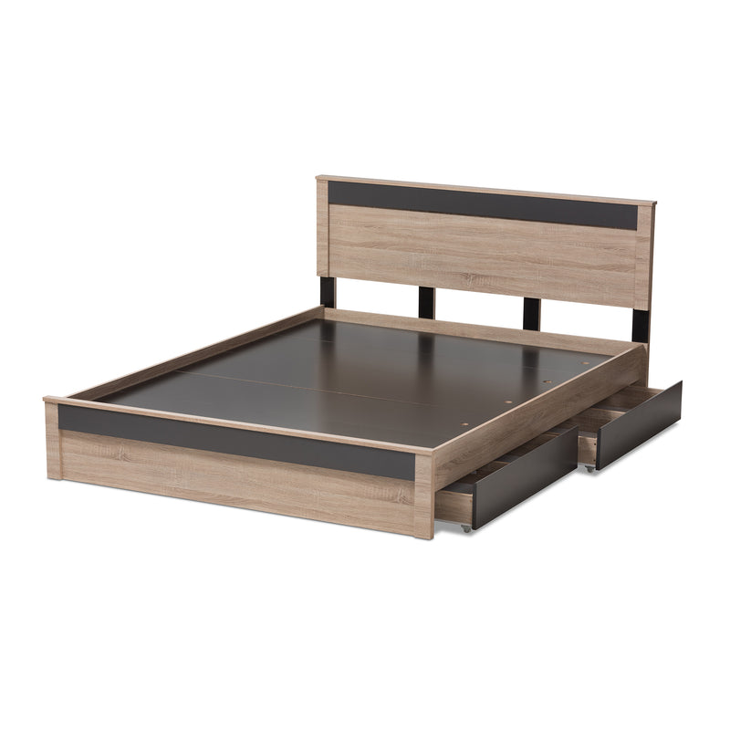 Jamie Queen Size Storage Platform Bed - Modern Two-Tone Oak and Grey Wood with 2 Drawers for Enhanced Organization and Style