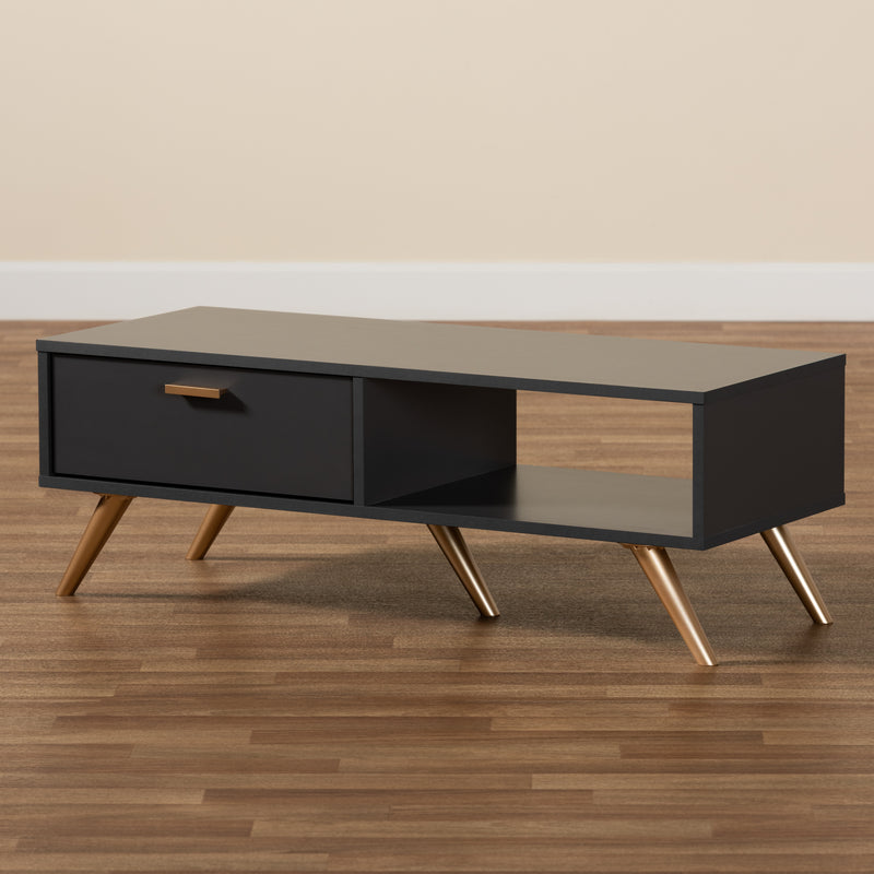 Kelson Coffee Table Modern Contemporary Dark Grey Wood Gold Finish Stylish Living Room Furniture Piece