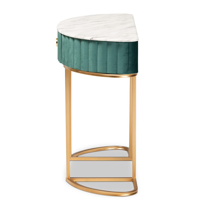 Beale Luxe Console Table Glam Green Velvet Upholstered Design with Brushed Gold Finish and Faux Marble Top, Includes 1 Stylish Storage Drawer