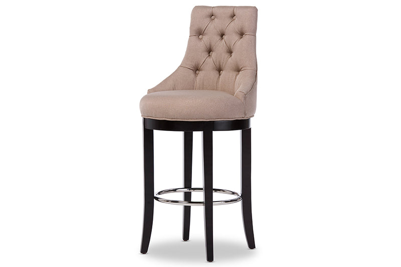 Harmony Bar Stool - Modern Beige Fabric Upholstered Design with Button-Tufting and Metal Footrest