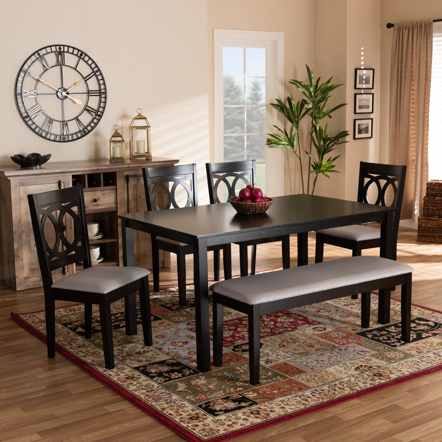 Bennett Dining Set Modern and Contemporary Grey Fabric Upholstered Dark Brown Finished Wood 6-Piece