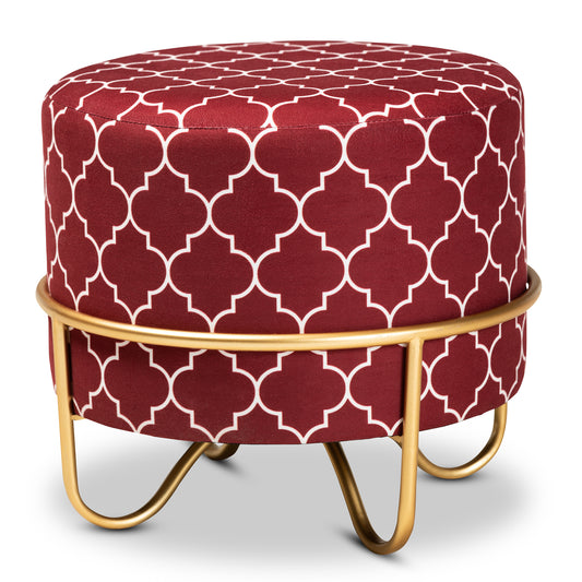 Candice Glam Ottoman Luxe Red Quatrefoil Velvet Upholstered with Gold Metal Base Stylish Accent Furniture for Living Room or Bedroom