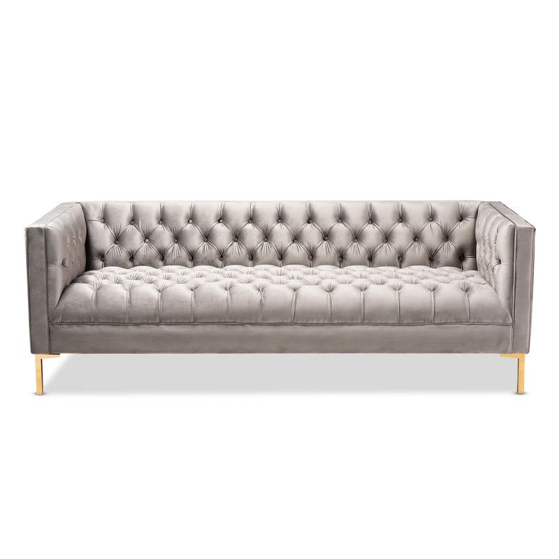 Zanetta Glam Gray Velvet Sofa with Luxe Gold Finish