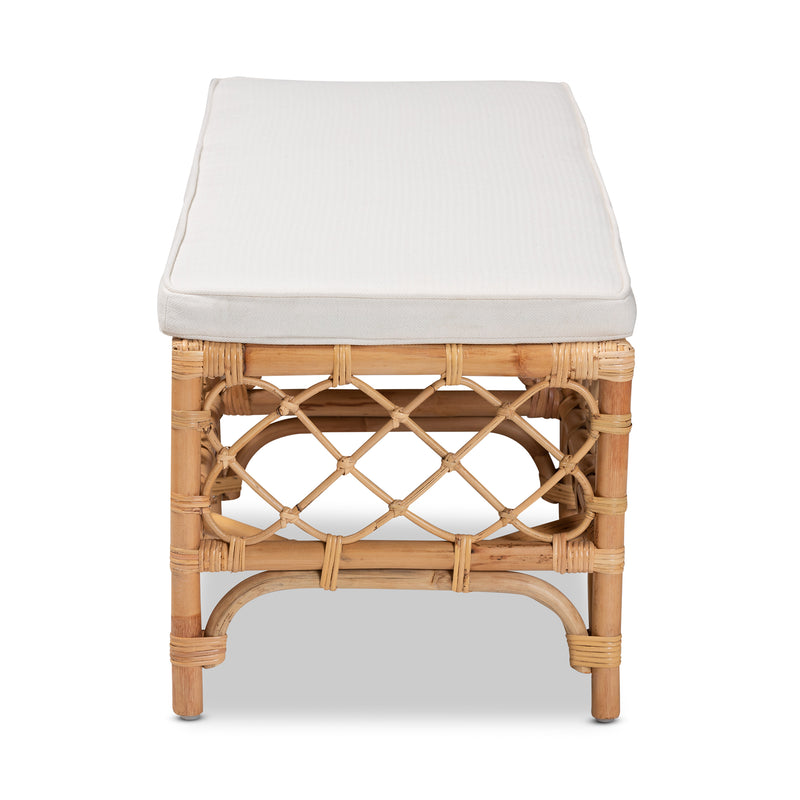 Orchard Modern Bohemian Bench White Fabric Upholstered with Natural Brown Rattan Accents for Stylish Seating and Decor