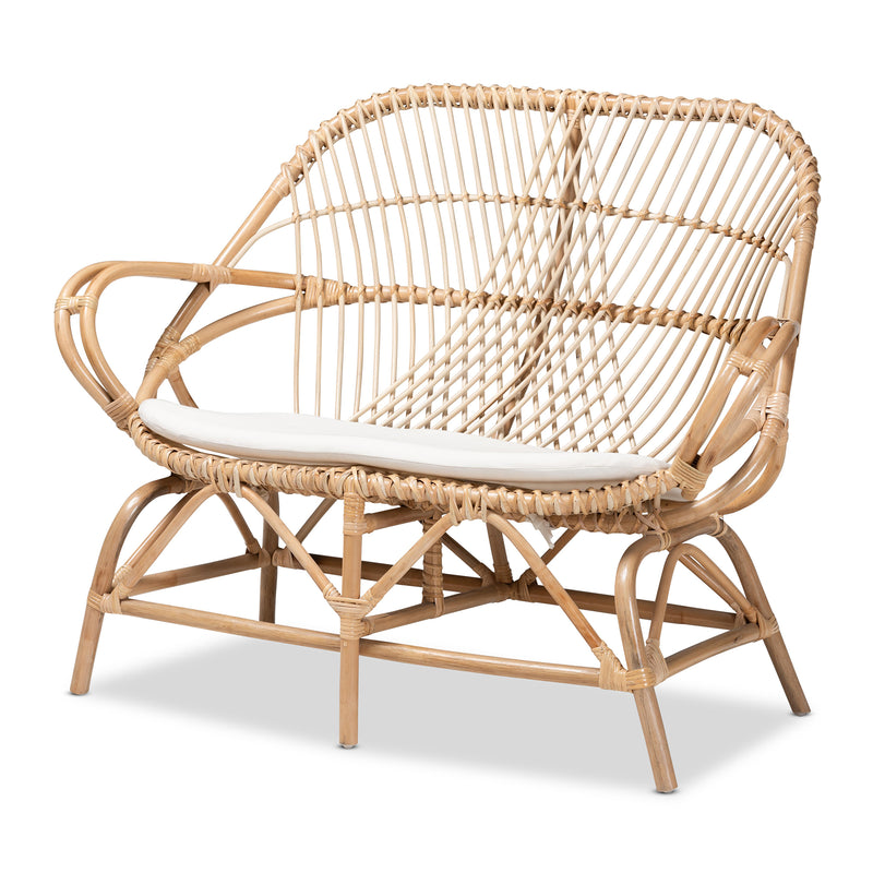 Jayden Loveseat Modern Bohemian White Fabric Upholstered with Natural Brown Rattan Frame Stylish Comfortable Seating