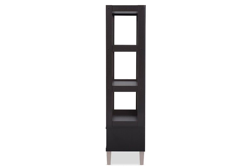 Kalien Modern Dark Brown Wood Leaning Bookcase with Display Shelves and Two Storage Drawers for Home or Office Use