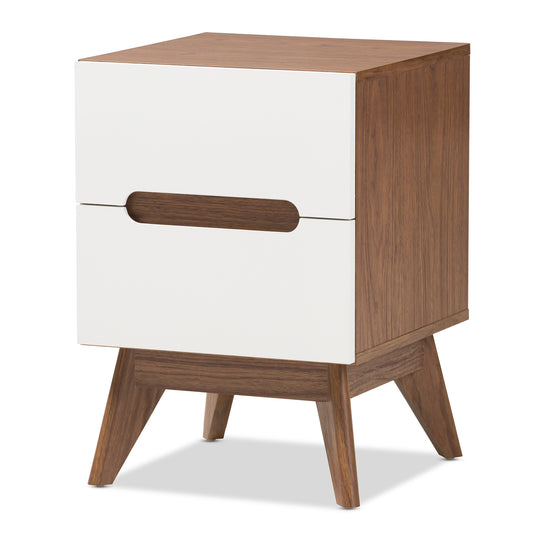 Calypso Mid-Century Modern Nightstand with 3 Drawers in White and Walnut for Stylish Bedroom Storage