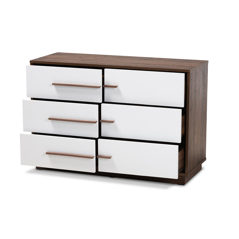 Mette Mid-Century Modern Dresser Two-Tone White and Walnut Finished 6-Drawer Wood Storage for Bedroom or Living Room