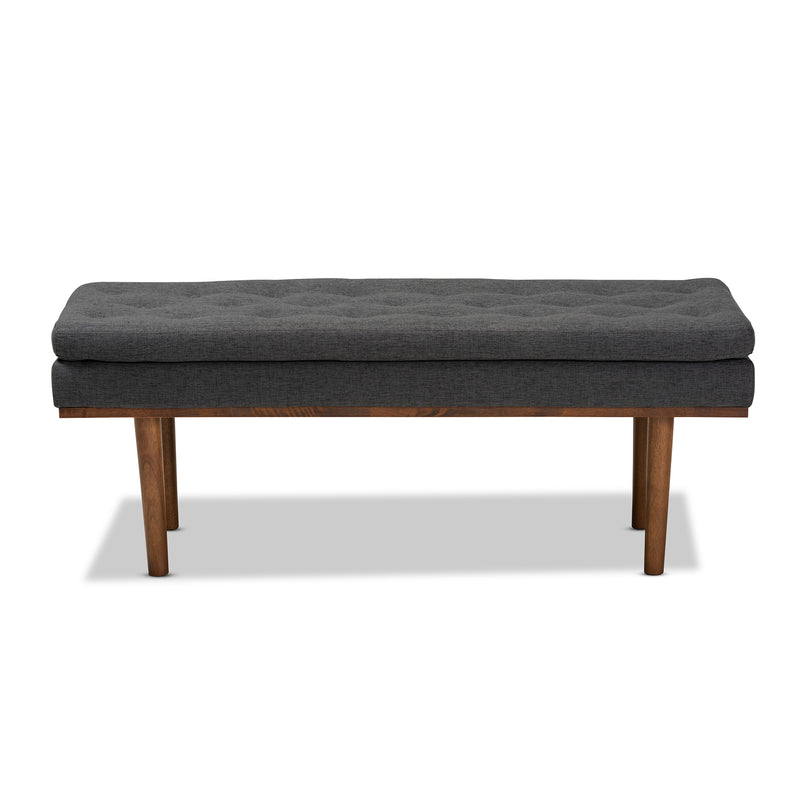 Arne Bench Mid-Century Modern Dark Grey Fabric Upholstered Walnut Finished