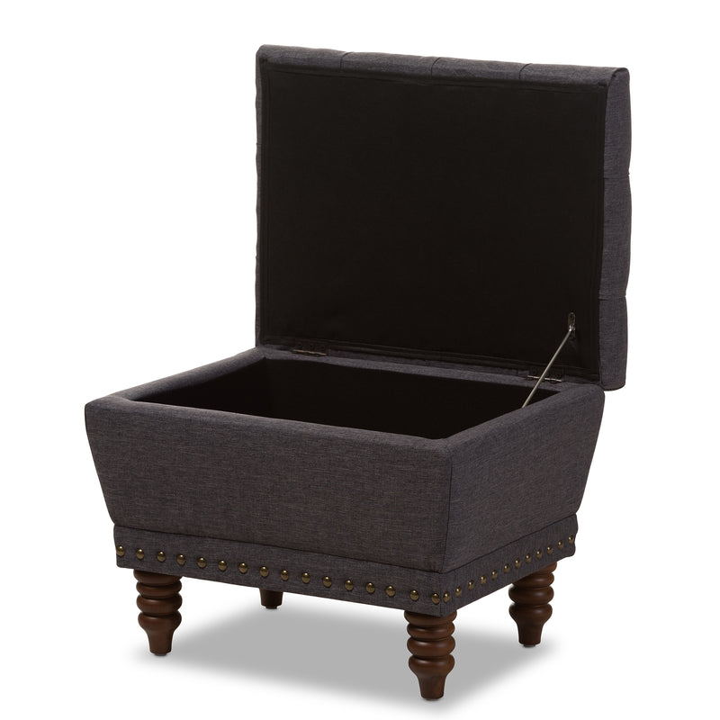 Annabelle Ottoman Modern and Contemporary Dark Grey Fabric Upholstered Walnut Wood Finished Button-Tufted Storage