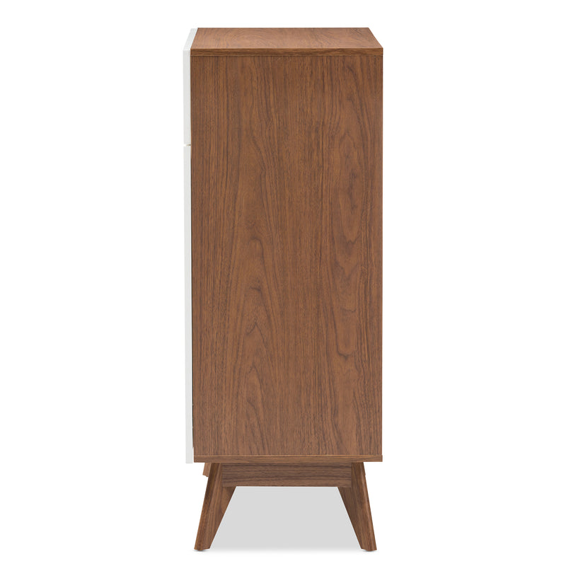 Calypso Mid-Century Modern Shoe Cabinet with White and Walnut Wood Storage