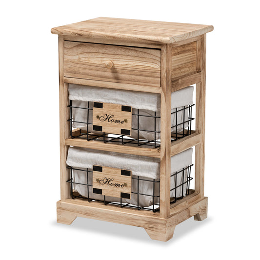 Madra End Table - Modern Oak Brown Wood with 1 Drawer and Storage Baskets