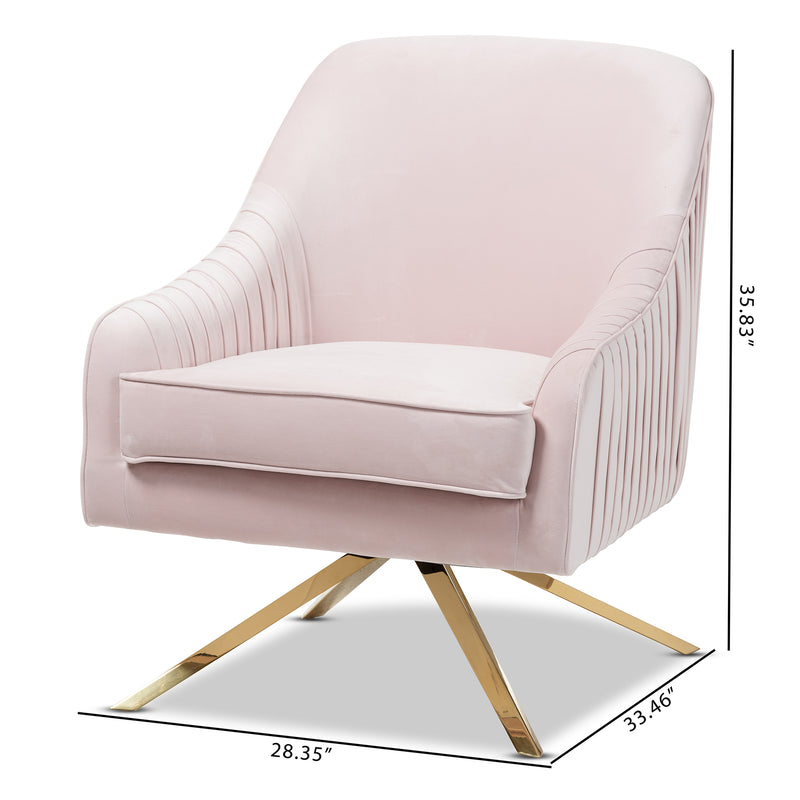 Amaya Luxe Lounge Chair Glamour Light Pink Velvet Upholstered with Gold Base Elegant Accent Chair for Living Room or Bedroom Decor