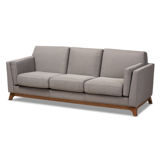 Sava Mid-Century Modern Sofa Grey Fabric Upholstered 3-Seater with Walnut Wood Frame Stylish Living Room Furniture