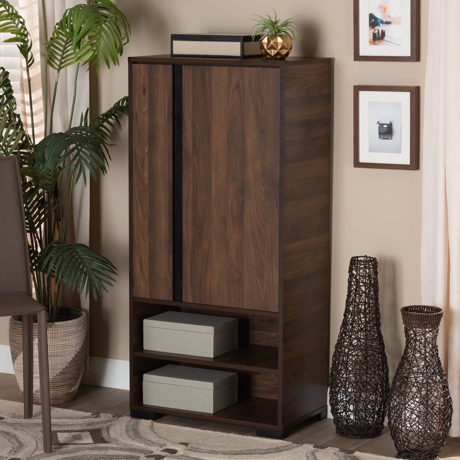 Raina Shoe Storage Cabinet - Modern Two-Tone Walnut Brown and Black Wood Design with 2 Doors for Stylish Organization