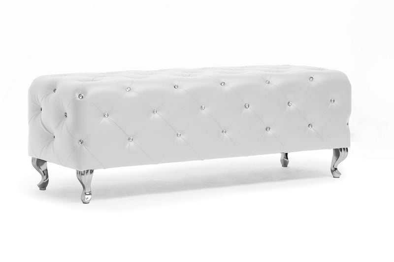 Stella Bench Crystal Tufted Black Leather Modern