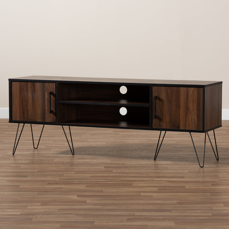 Corina TV Stand Mid-Century Modern Two-Tone Walnut and Black Wood Entertainment Center with Storage for Living Room