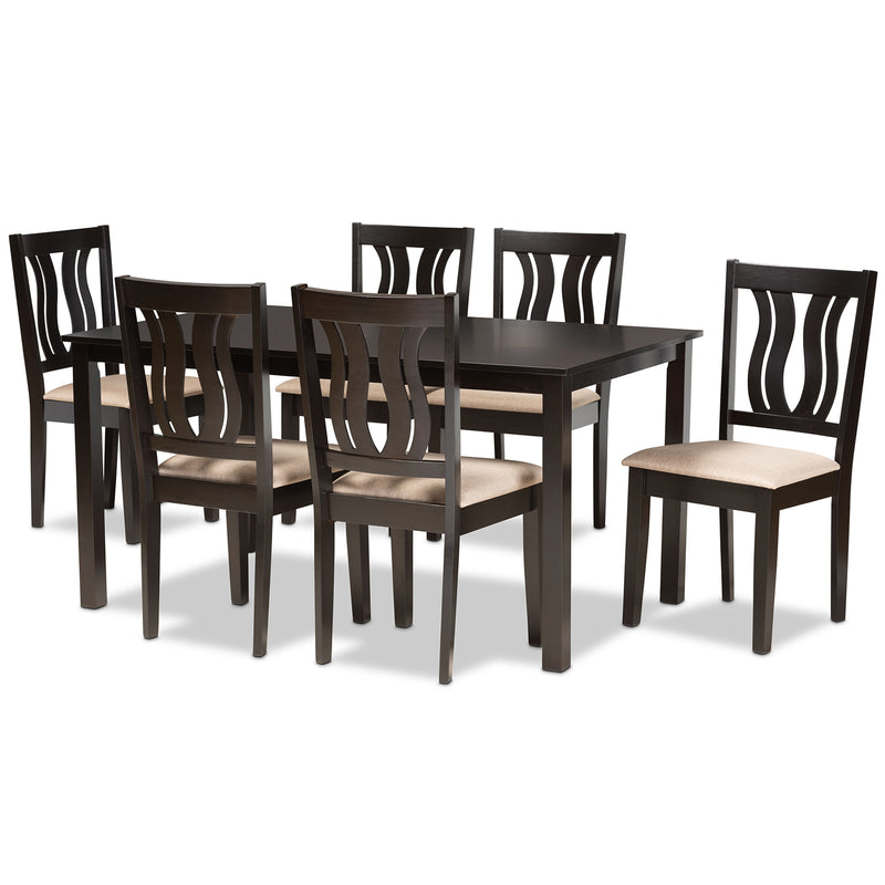 Fenton 7-Piece Dining Set Modern Sand Fabric Upholstered Chairs with Dark Brown Finished Wood Table