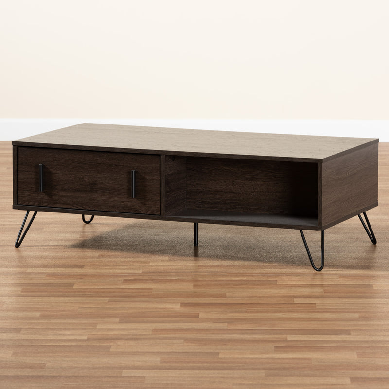 Baldor Coffee Table - Modern Design with Dark Brown Wood and Black Metal, Featuring 2 Storage Drawers