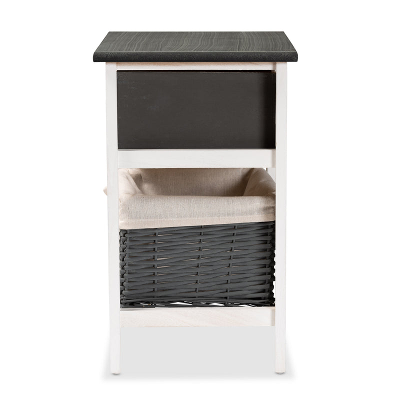 Shadell Storage Unit Modern Two-Tone Dark Grey and White Wood with 1 Drawer and Basket for Organized Living