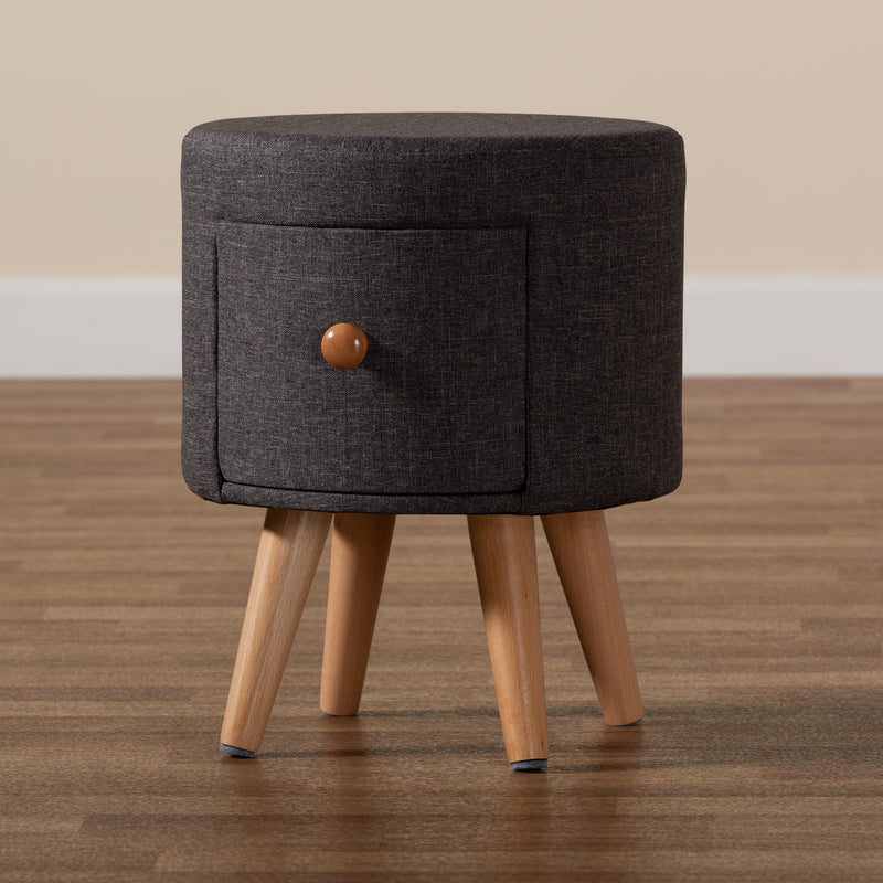 Rocco Ottoman Stool - Modern Dark Grey Fabric Upholstered with Oak Brown Wood and 1 Storage Drawer