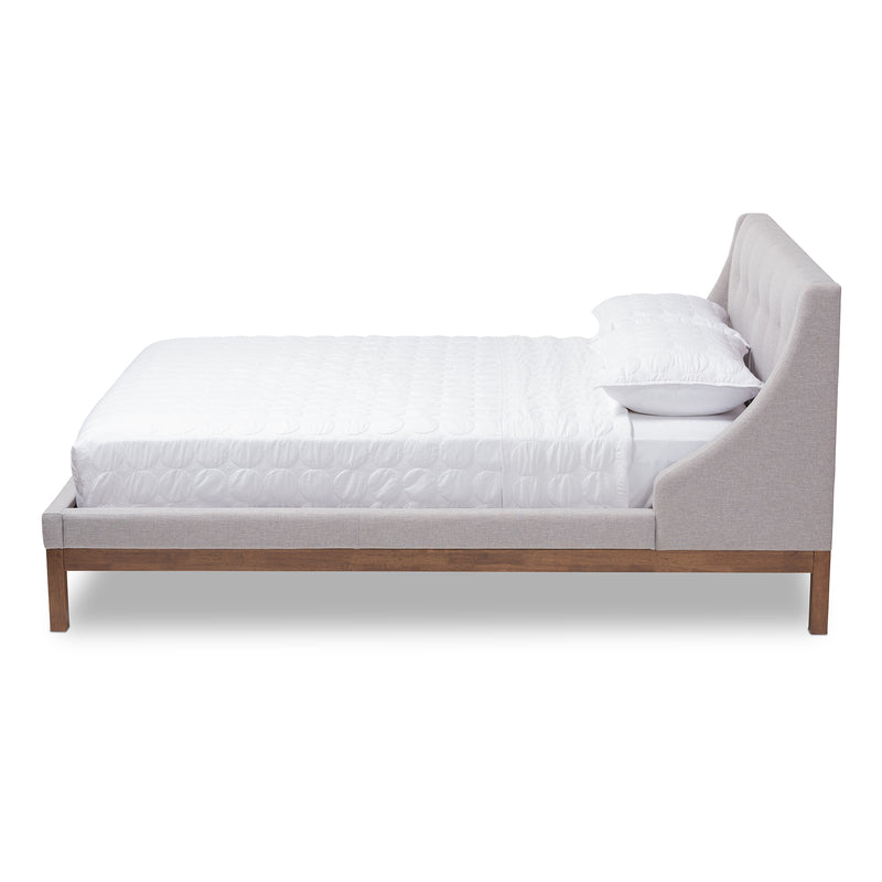 Louvain Platform Bed - Modern and Contemporary Greyish Beige Fabric Upholstered with Walnut Finish