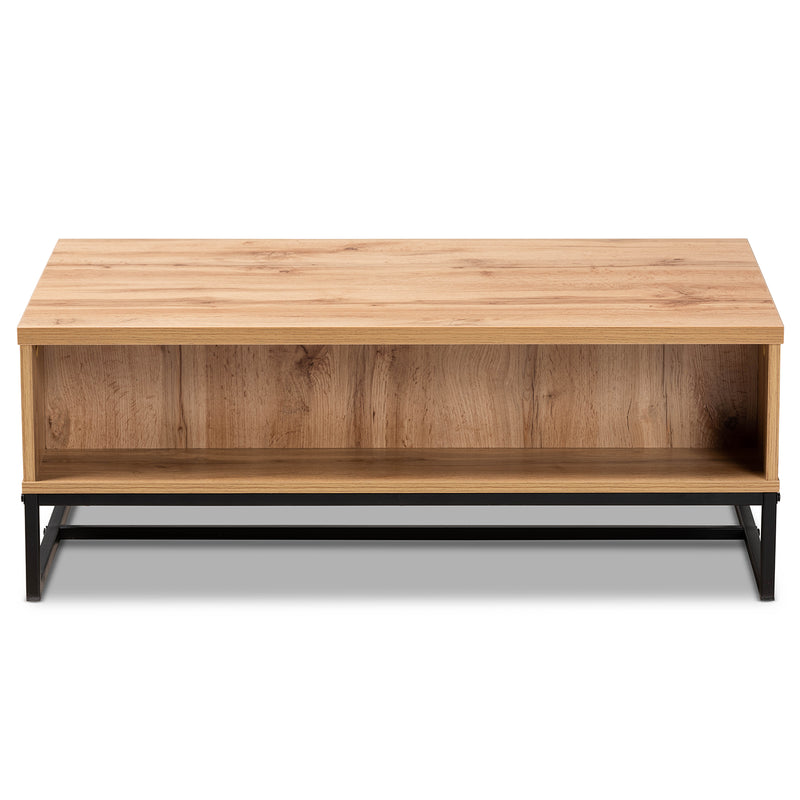 Franklin Coffee Table - Modern Contemporary Design with Oak Brown Wood and Black Metal, Featuring 2 Storage Drawers