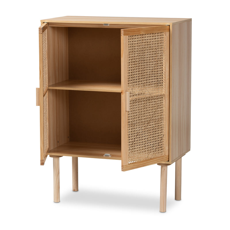 Maclean Mid-Century Modern Storage Cabinet - Rattan and Natural Brown Wood, 2-Door Design for Stylish Organization and Décor