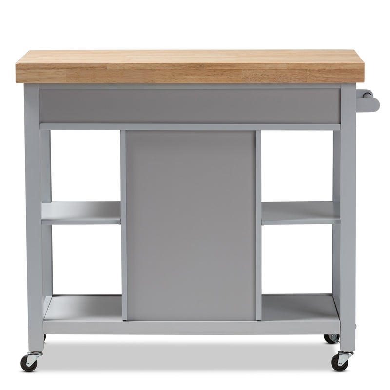 Hayward Kitchen Cart Coastal Farmhouse Style Light Grey Wood Mobile Storage Solution with Shelves and Wheels