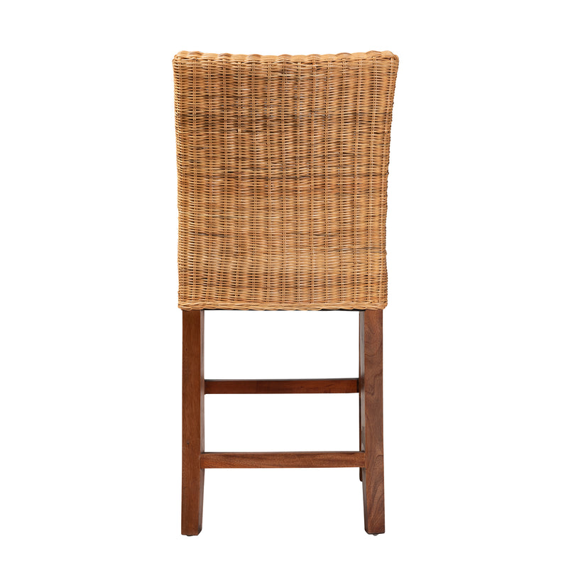 Racquel Modern Bohemian Counter Stool in Natural Rattan and Mahogany Wood for Chic Home Decor