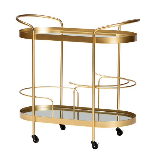 Kamal Mobile Wine Bar Cart Modern Glam Design with Brushed Gold Metal and Mirrored Glass, 2-Tier Storage