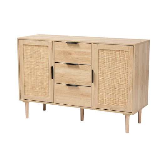 Harrison Sideboard Mid-Century Modern Design in Natural Brown Wood and Rattan with 3 Drawers for Stylish Storage