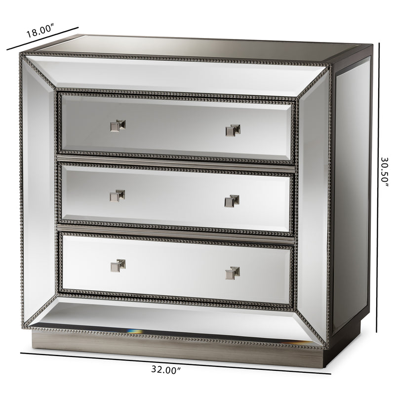 Edeline Mirrored 3-Drawer Cabinet in Hollywood Regency Style - Elegant Storage with Reflective Finish for Living Room or Bedroom Decor