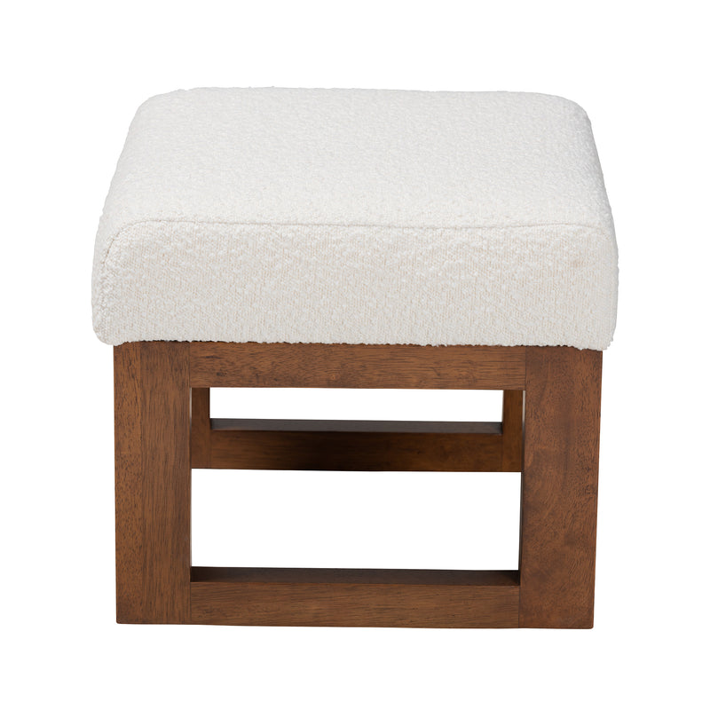 Yashiya Ottoman Mid-Century Modern Off-White Boucle Upholstered Walnut Brown Finished Wood Footstool