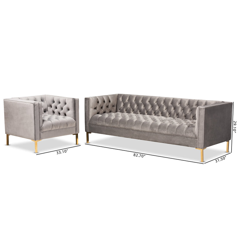 Zanetta Sofa Set Glam and Luxe Gray Velvet Upholstered Gold Finished 2-Piece Lounge Chair