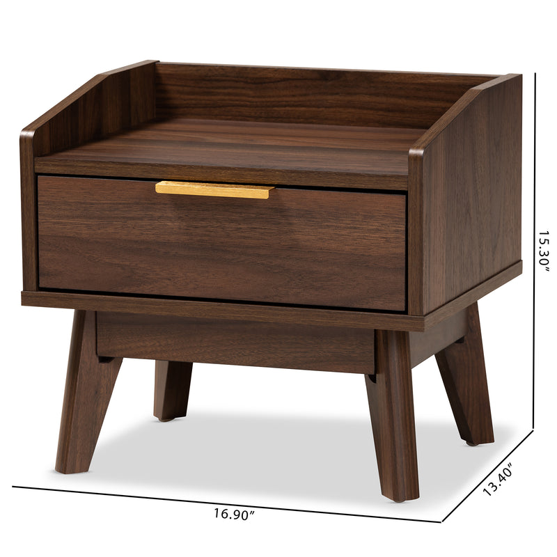 Lena Mid-Century Modern Nightstand Walnut Brown Finished 1-Drawer Wood Bedside Table with Stylish Design and Functional Storage