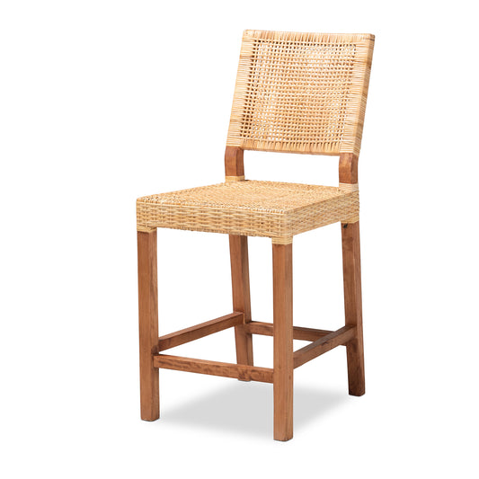 Lesia Counter Stool - Modern Bohemian Design in Natural Rattan and Walnut Mahogany Wood