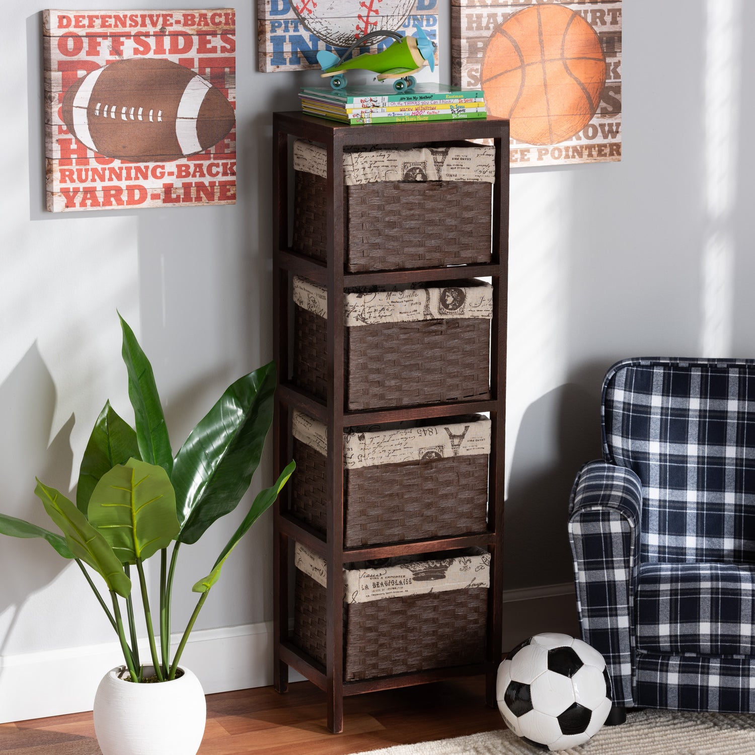 Bosley Storage Unit Modern French Inspired Walnut Brown Wood with 4 Baskets for Stylish Organization and Home Décor