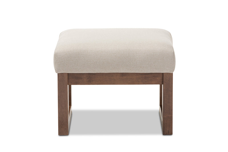 Yashiya Ottoman Mid-Century Modern Off-White Boucle Upholstered Walnut Brown Finished Wood Footstool