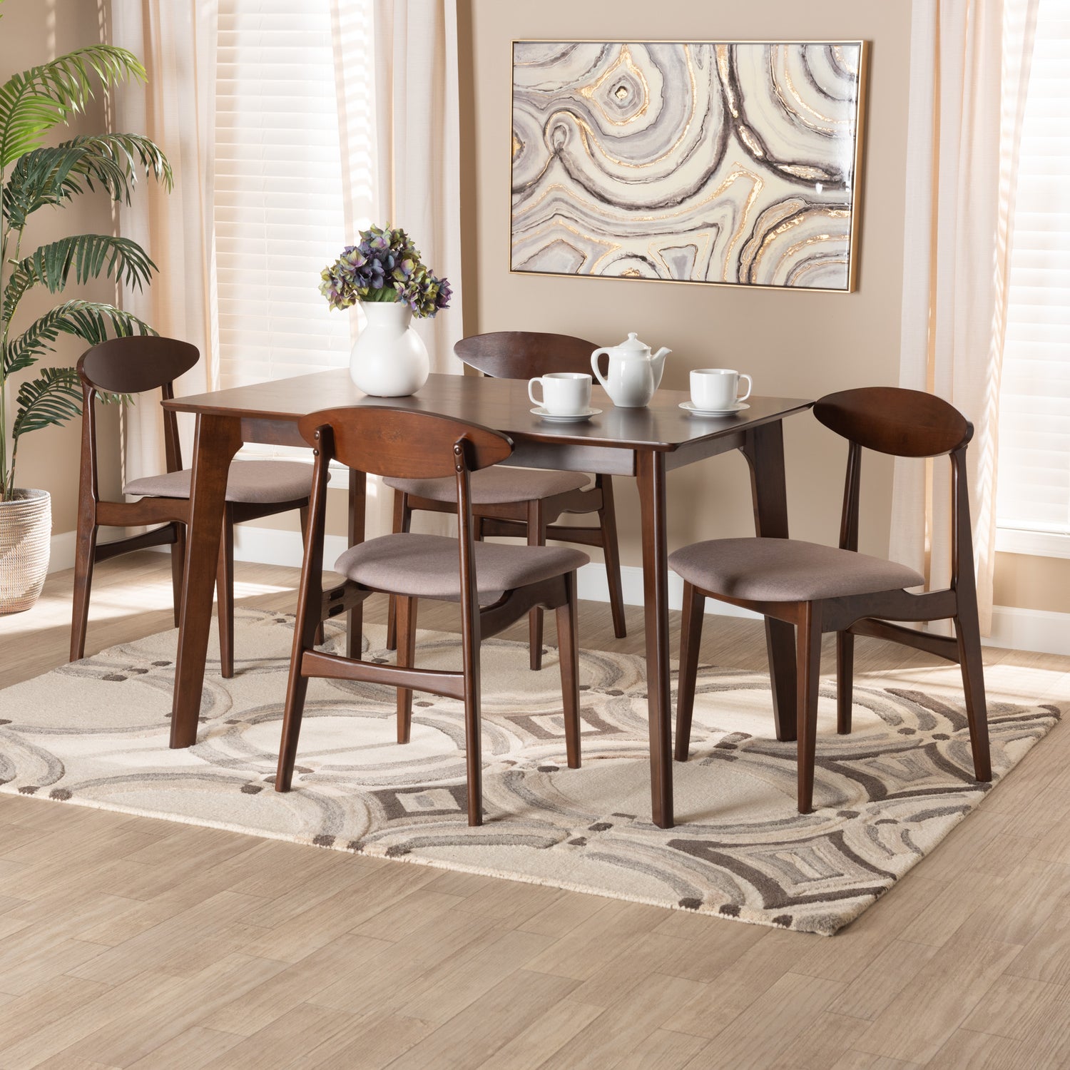 Daria Dining Set Mid-Century Modern 5-Piece Collection in Warm Grey Fabric and Dark Brown Wood Finish