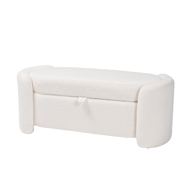 Oakes Modern Storage Bench in Ivory Boucle Upholstery with Stylish Design and Functional Storage