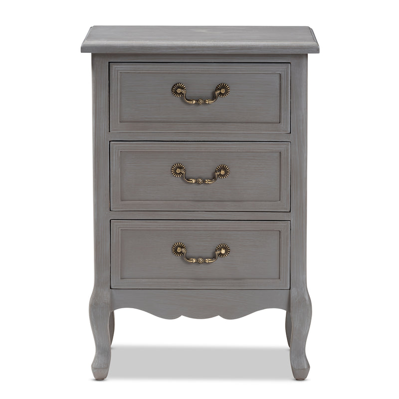 Capucine End Table Antique French Country Cottage Style Grey Finished Wood with 3 Storage Drawers