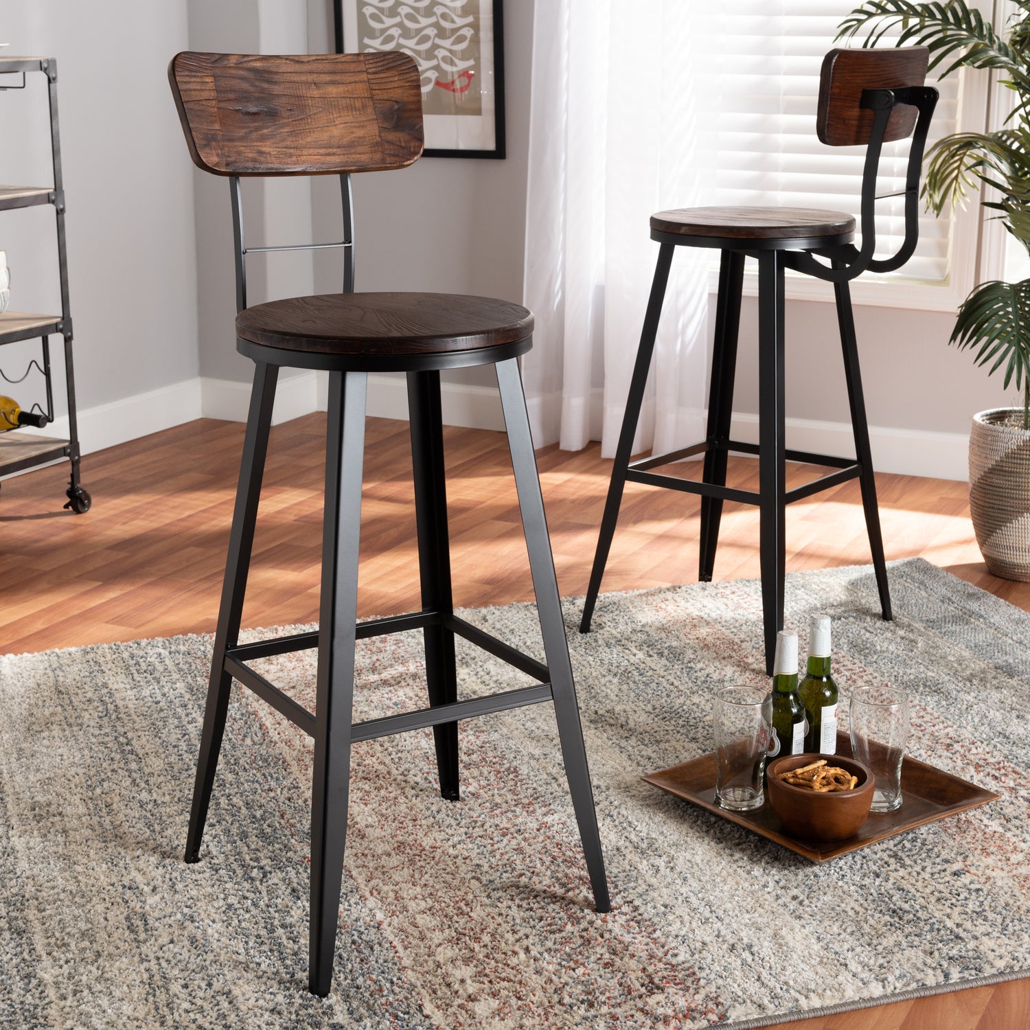 Kenna Vintage Rustic Industrial Bar Stool Set - 2-Piece Wood and Black Metal Design for Home Kitchen or Pub Use