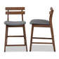 Larine Counter Stool Set Modern and Contemporary Dark Grey Fabric Upholstered Walnut Finished 2-Piece