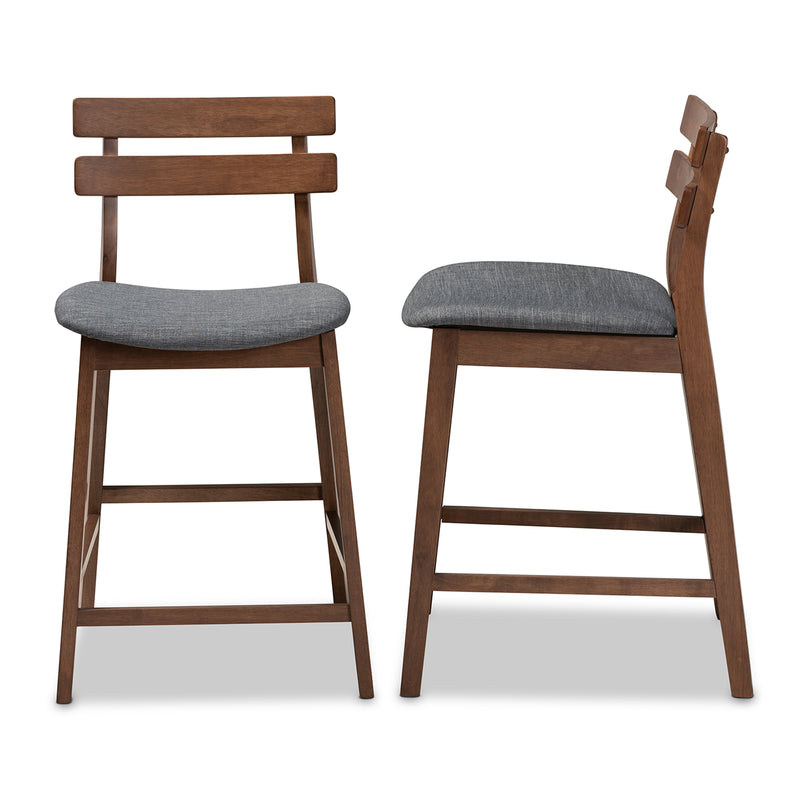 Larine Counter Stool Set Modern and Contemporary Dark Grey Fabric Upholstered Walnut Finished 2-Piece